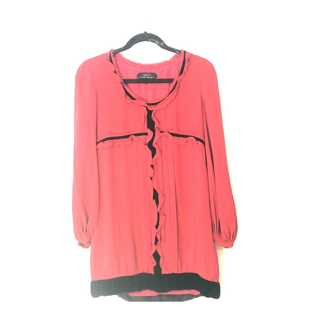 Red black velvet trim tunic